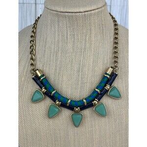 J. CREW Statement Necklace Turquoise Jadeite Green Rope Navy Gold Tone Chain VTG